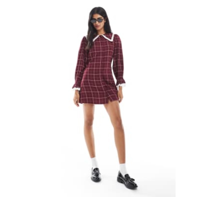 Wednesday’s Girl grid check collar detail mini dress in burgundy