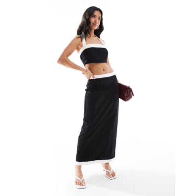 4th & Reckless Petite linen look contrast edge maxi skirt in mono – part of a set