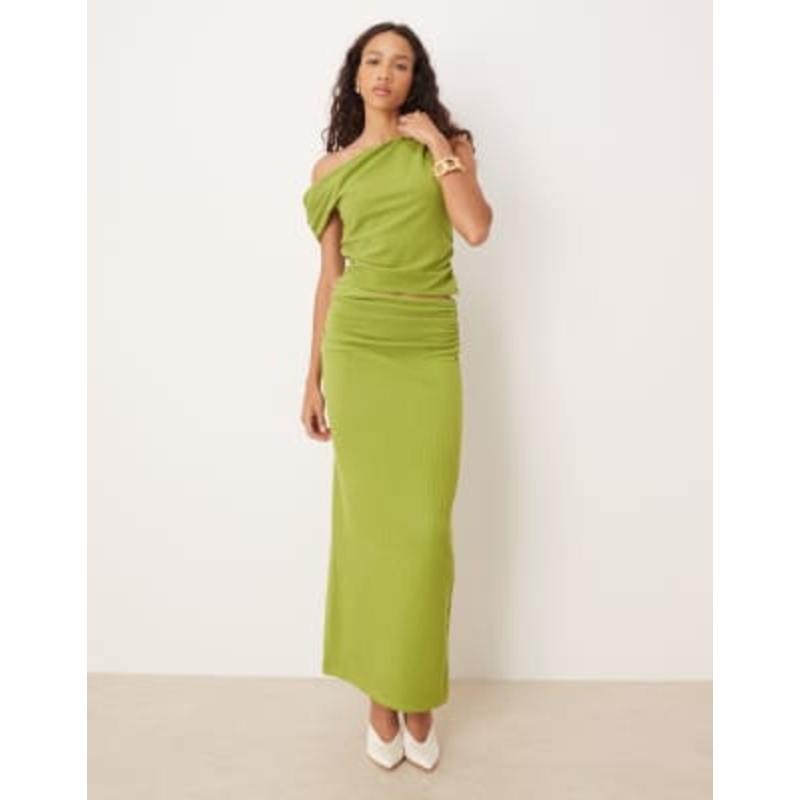 DESIGN asymmetric textured ribbed top and maxi skirt set in green