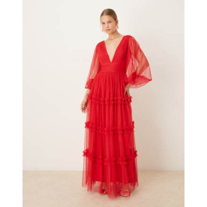 Lace & Beads boho ruffle maxi dress in red