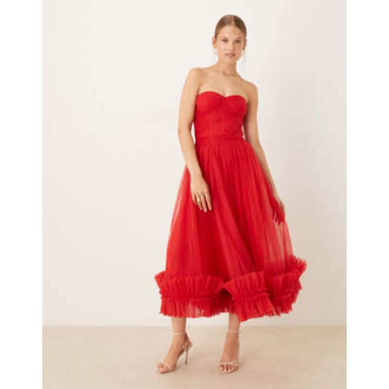 Lace & Beads corset overlay ruffle hem midaxi dress in red