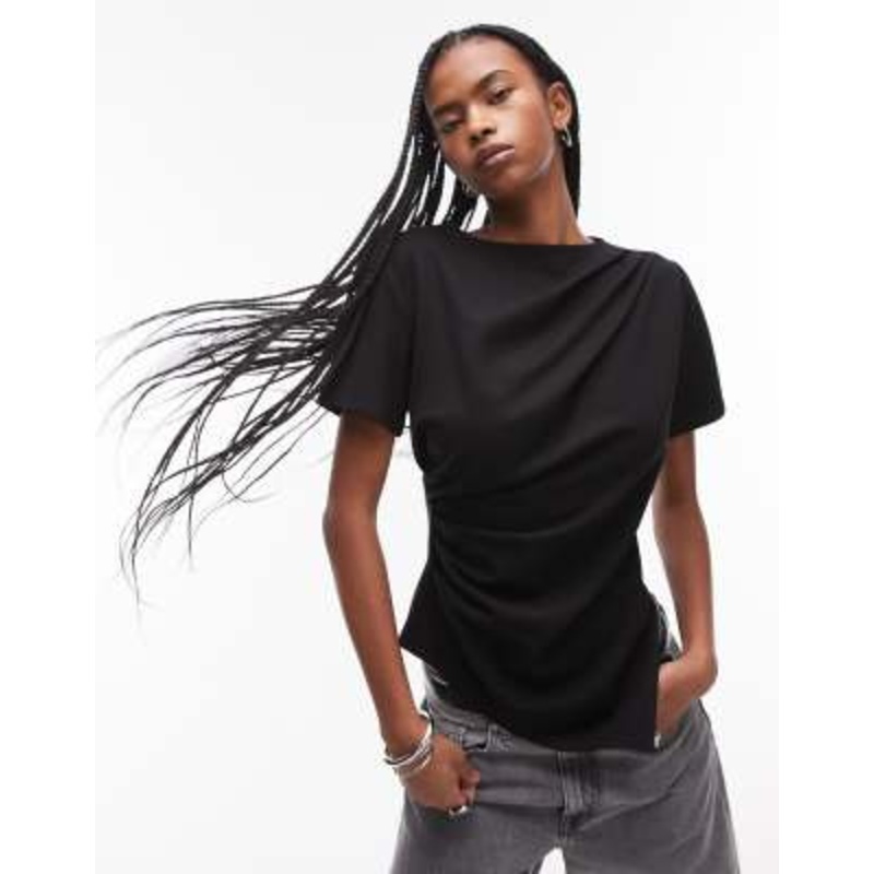 & Other Stories jersey T-shirt with drape front and asymmetric split hem in black