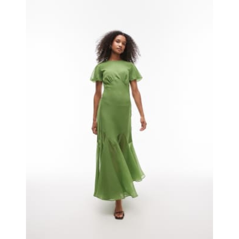 Topshop ruffle sleeve volume hem maxi dress in olive