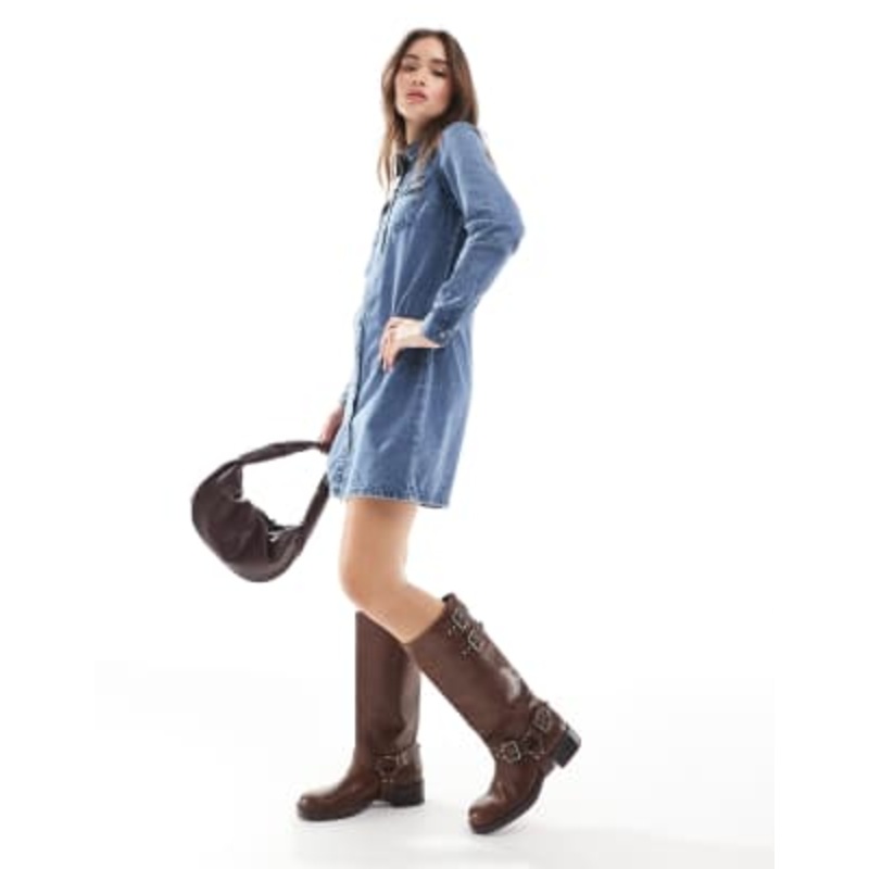 Vero Moda long sleeve denim shirt dress in medium blue