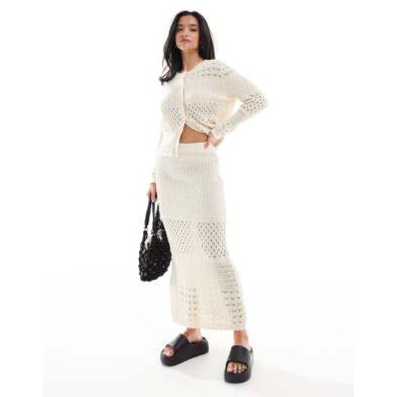 Vero Moda Petite crochet cardigan and skirt set in cream