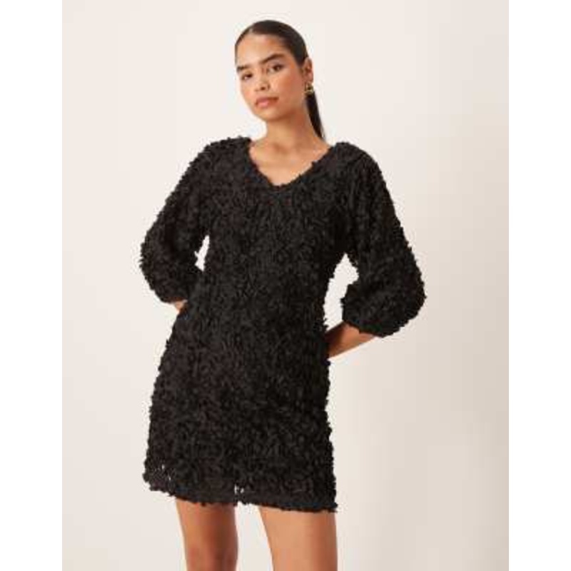 VILA 3D floral applique mini dress in black