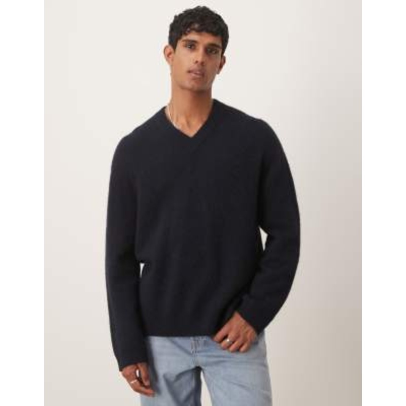 ARKET alpaca wool blend v-neck sweater in navy blue