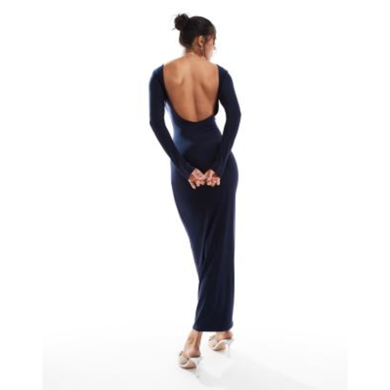 Kaiia exclusive double layered slinky low back long sleeve bodycon maxi dress in navy