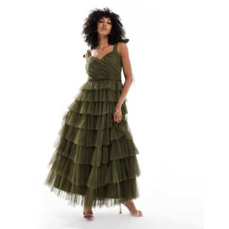 Lace & Beads Bridesmaid bow shoulder tulle maxi dress in forest green