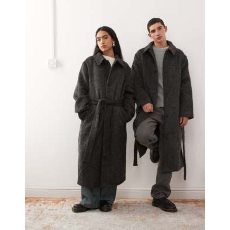 Reclaimed Vintage unisex wool look single breasted belted coat in charcoal gray