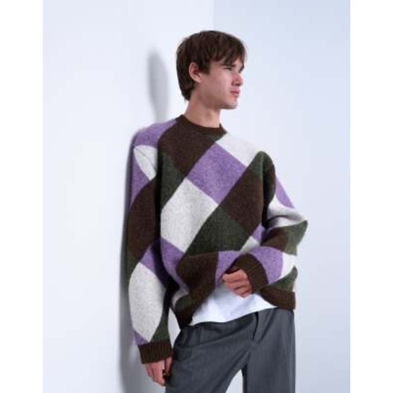 Topman relaxed fit knit sweater with diamond design in brown