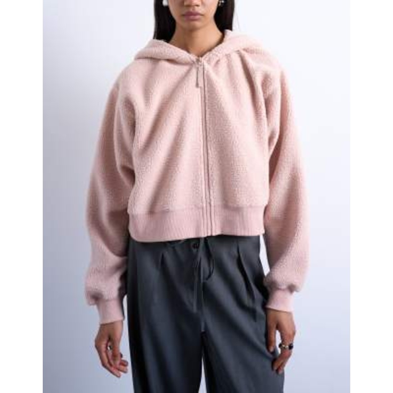 Topshop borg zip up hoodie in pink