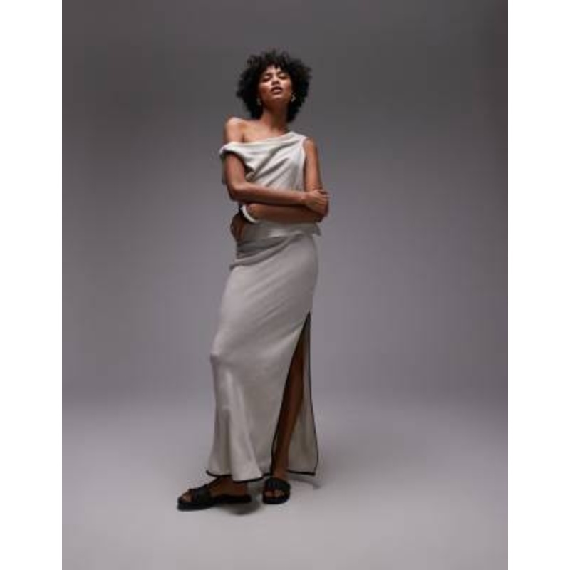 Topshop linen bias cut maxi skirt in natural with black piping
