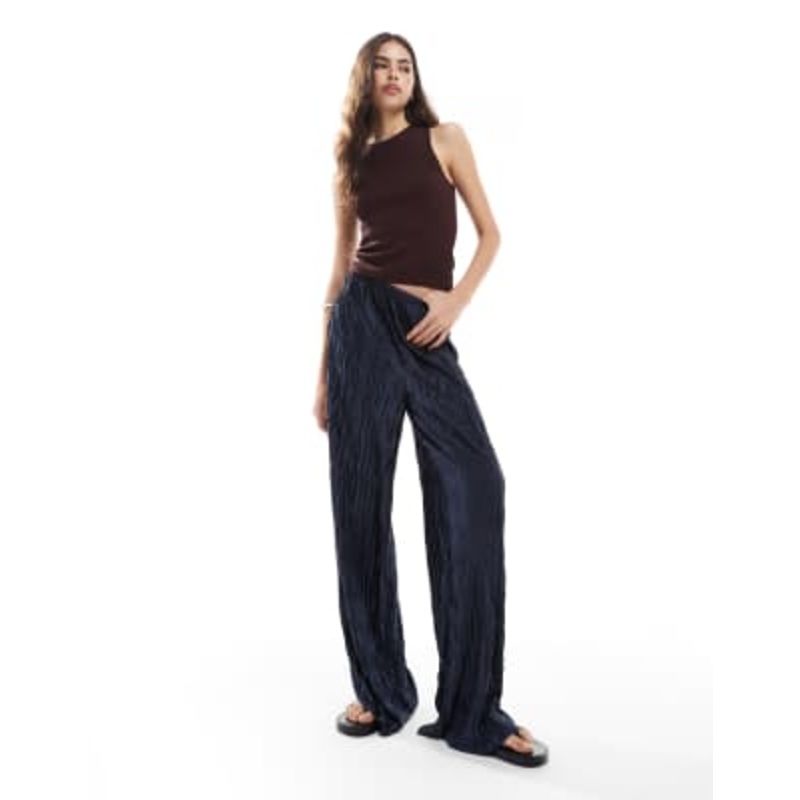 Vero Moda Tall textured plisse wide leg pants in navy