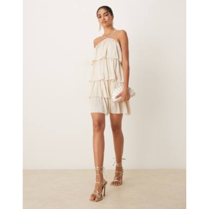 VILA high neck satin ruffle mini dress in birch cream