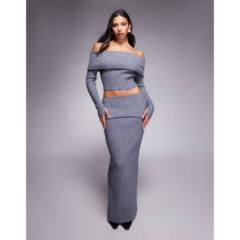 Wanderdoll Mollie ribbed deep foldover maxi skirt in charcoal – part of a set