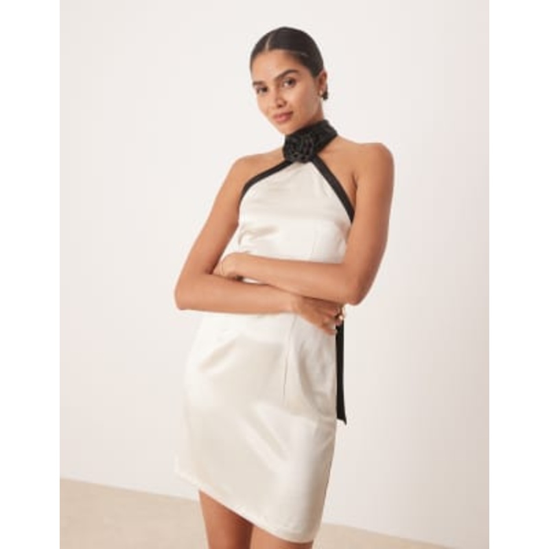 Amy Lynn contrast halter neck satin mini dress in soft gold and black