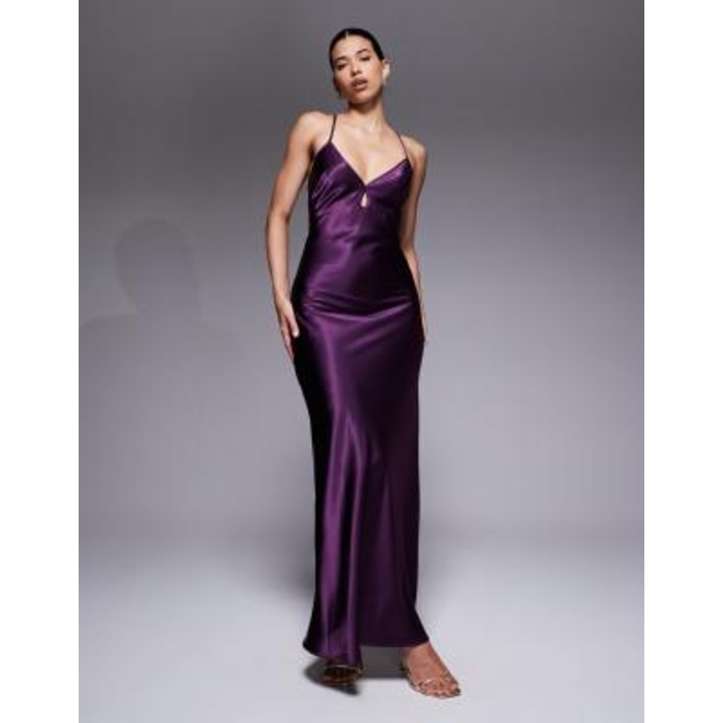 Aria Cove satin keyhole detail open tie back maxi dress in purple