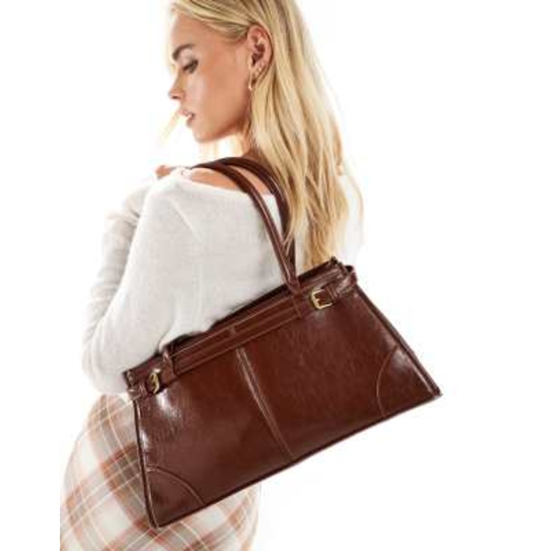 Glamorous belt detail long shoulder bag in dark brown