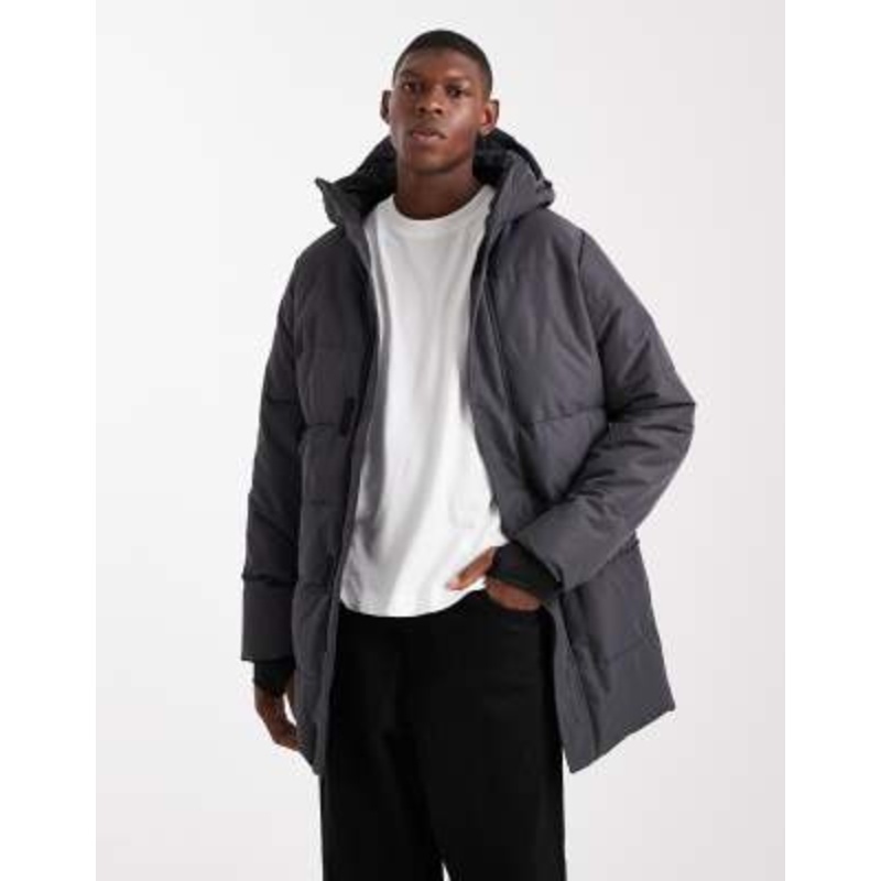 ONLY & SONS waterproof longline puffer coat with hood in gray