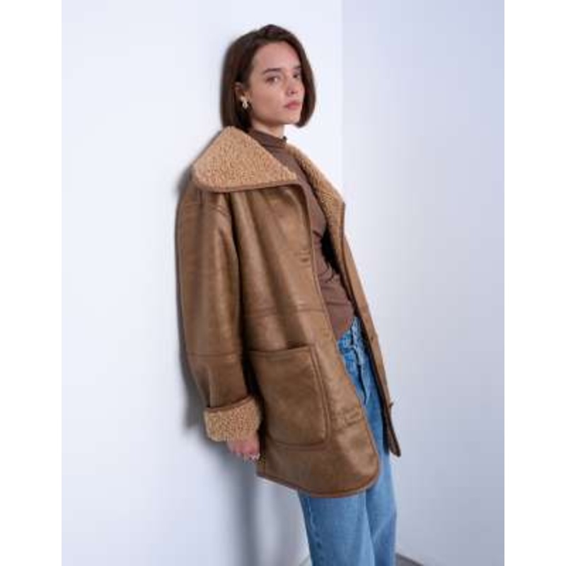 Topshop faux shearling oversized patch pocket mid length car coat in caramel