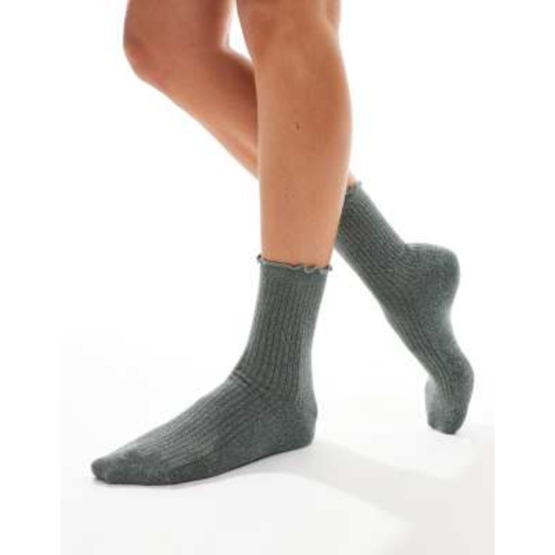 Vero Moda glitter socks with ruffle edge in khaki
