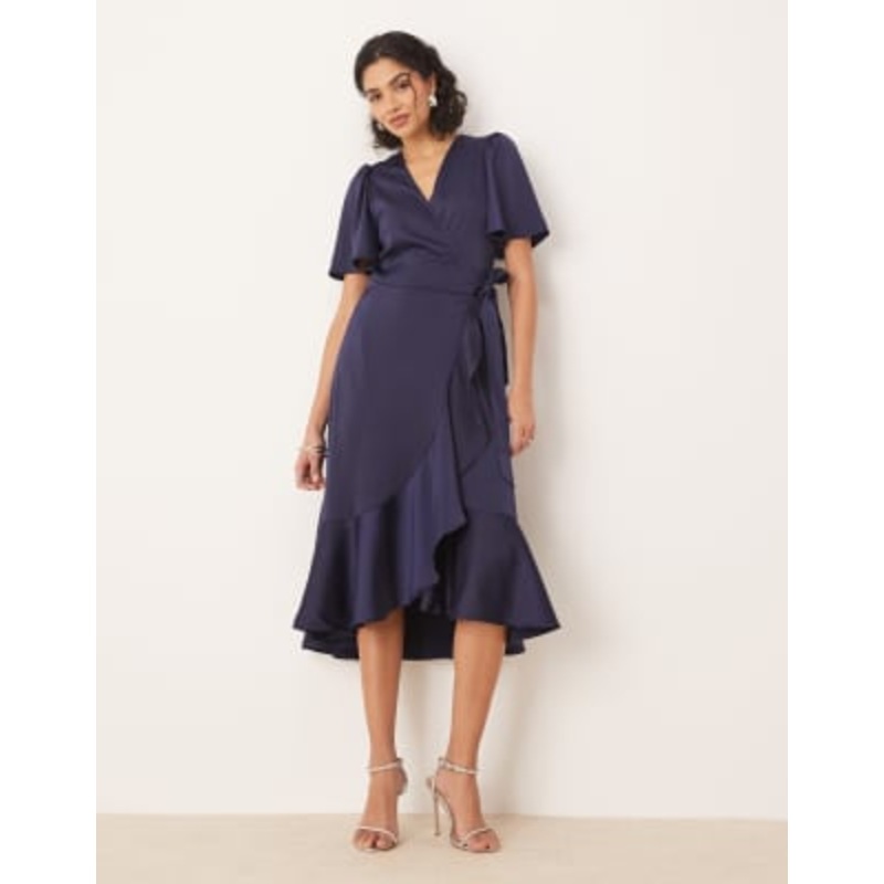 YAS satin midi wrap dress in navy