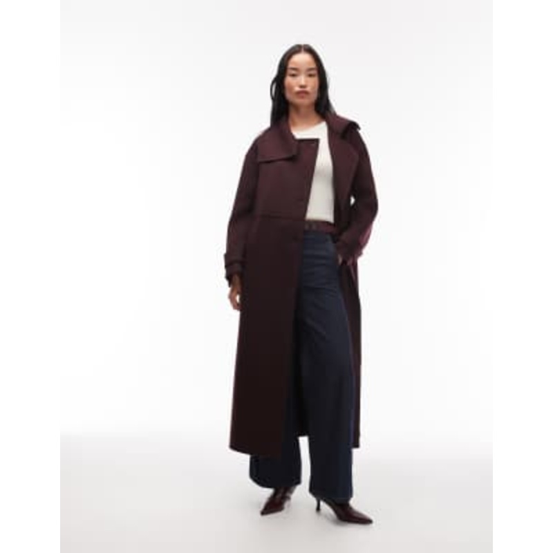 ARKET wool maxi belted trench coat with side splits in burgundy plum