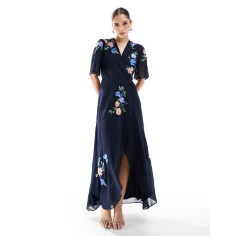 Hope & Ivy embroidered flutter sleeve maxi wrap dress with tie waist in navy