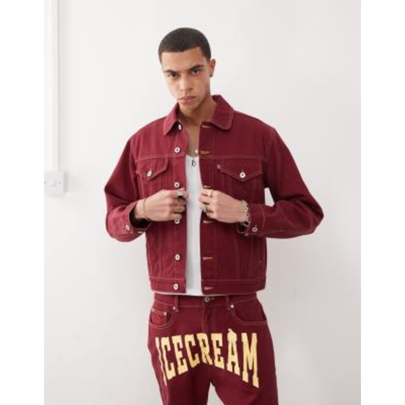 ICECREAM denim trucker jacket with back print in burgundy – part of a set