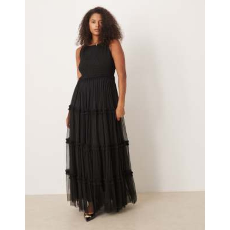Lace & Beads Plus shirred maxi dress in black