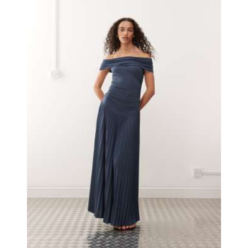 Lioness Field of Dreams foldover bardot ruched drop waist pleated maxi dress in navy