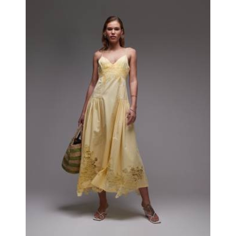 Topshop cutwork lace poplin midi sundress in lemon