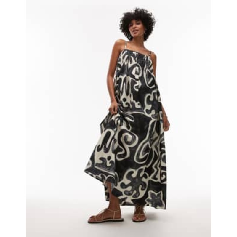 Topshop linen-look shirred bust throw-on midi dress in black mono print