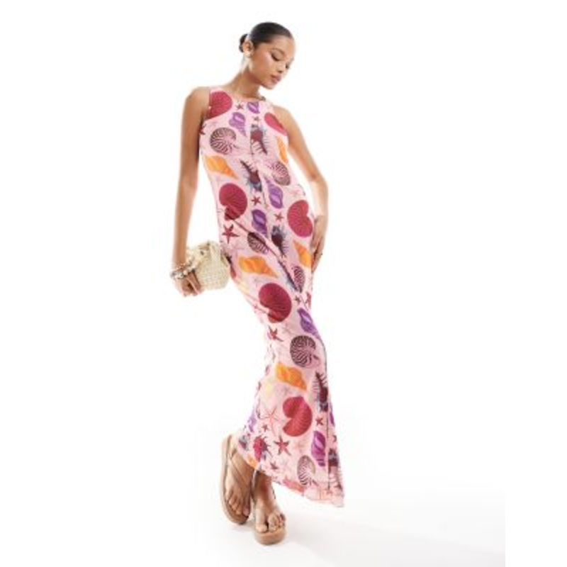 Vero Moda sleeveless lettuce edge mesh maxi dress in pink shell print