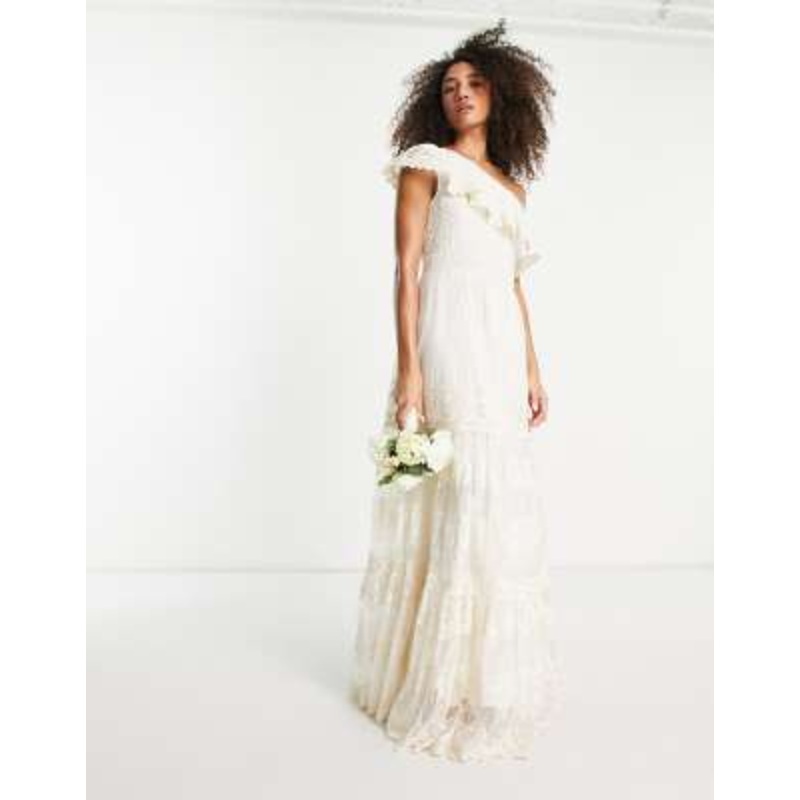 Y.A.S Bridal vintage lace one-shoulder maxi dress in cream