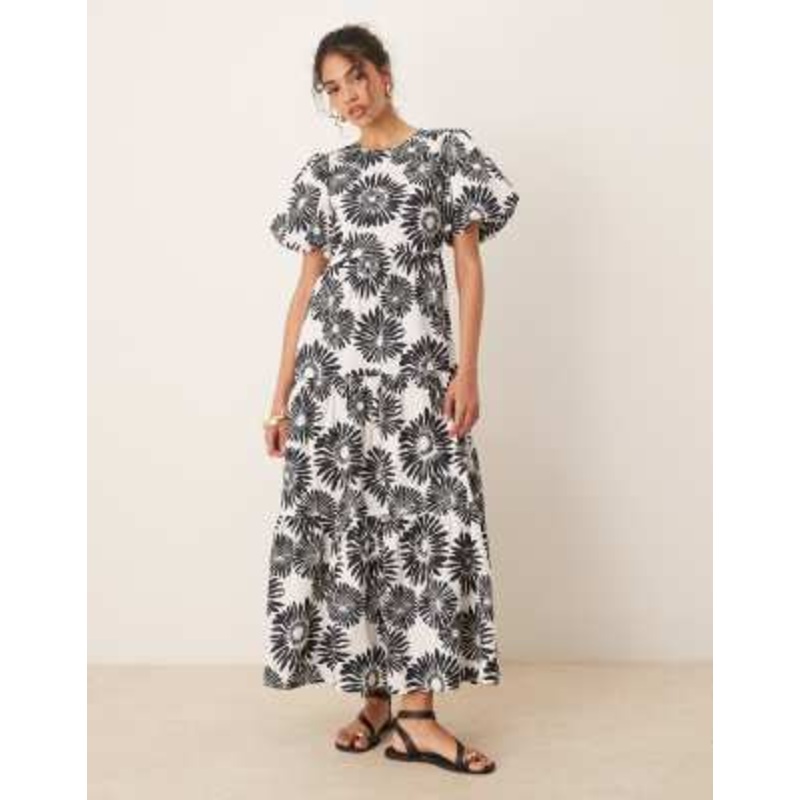 YAS puff sleeve maxi dress in mono floral print
