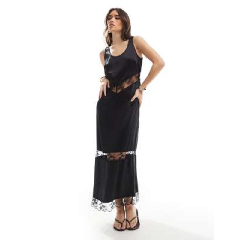 4th & Reckless satin and lace sheer insert maxi dress in black
