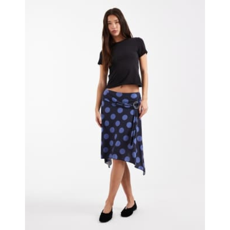 COLLUSION midi skirt with ring detail in blue polka dot