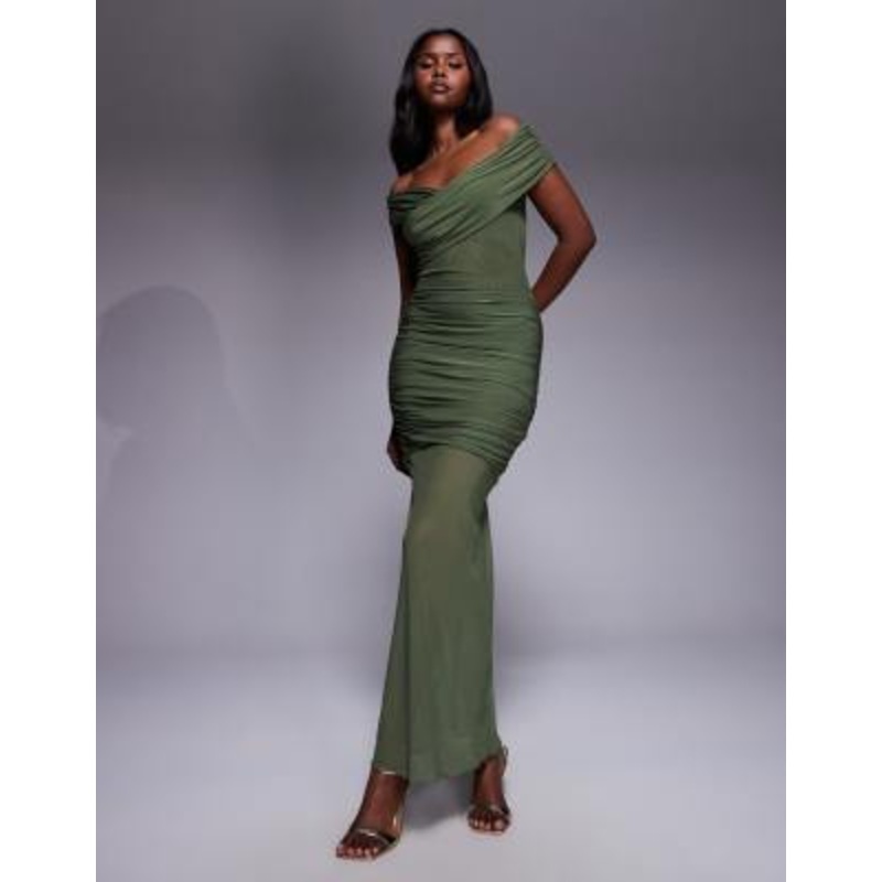 Kaiia exclusive double layered slinky off shoulder sheer mesh hem maxi dress in olive
