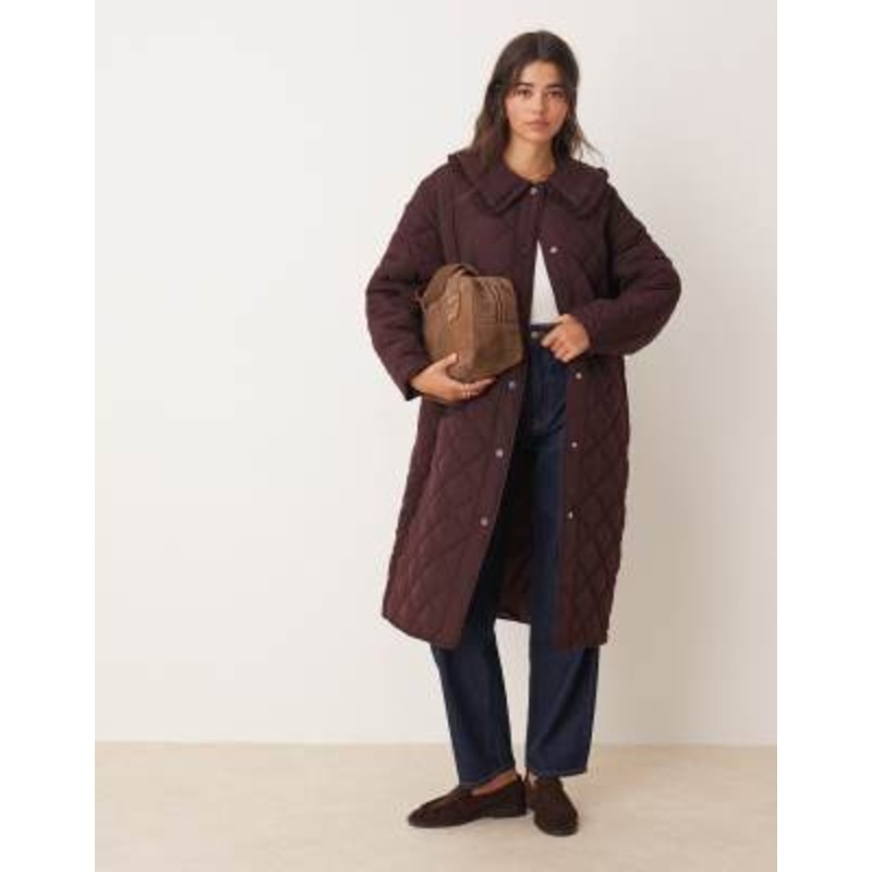 Miss Selfridge quilted maxi coat in plum
