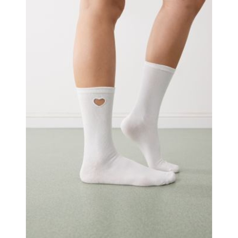 Monki ankle sock with heart cut out detail in white