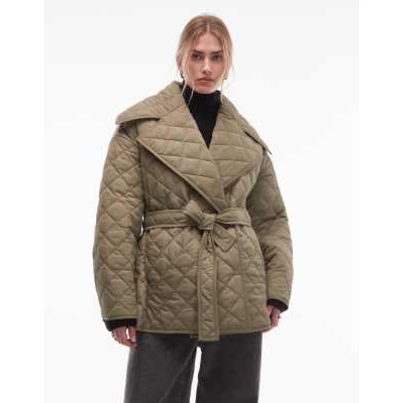& Other Stories quilted belted long line jacket in dark khaki green