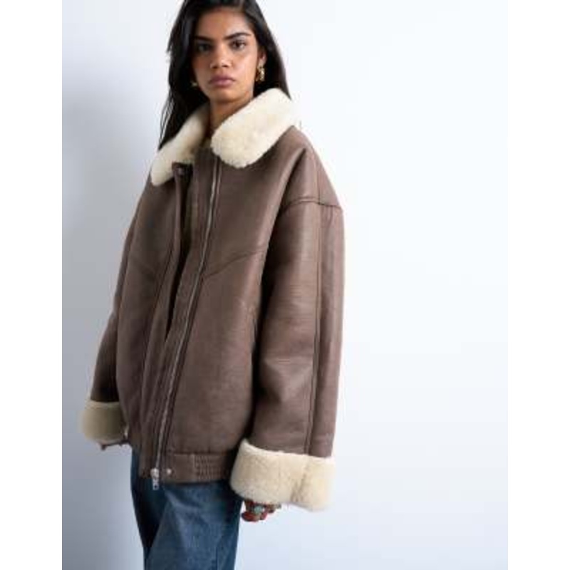 Topshop vintage washed faux shearling super oversized bomber jacket in brown