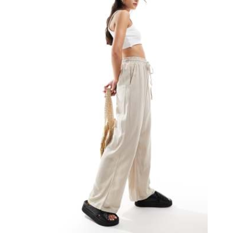 Vila linen mix tie waist wide leg pants in stone
