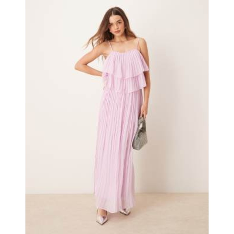 VILA pleated ruffle layer cami maxi dress in orchid pink