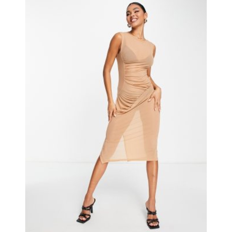 Amy Lynn v back gathered sheer midi dress in light brown