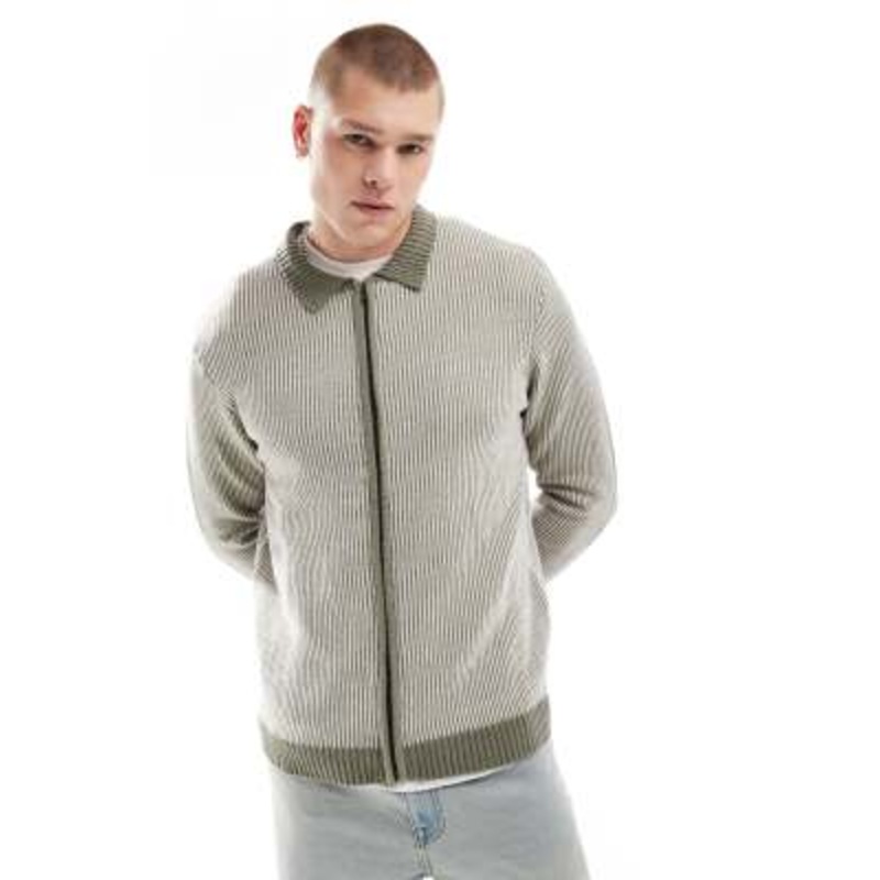Another Influence textured pinstripe zip through cardigan in khaki