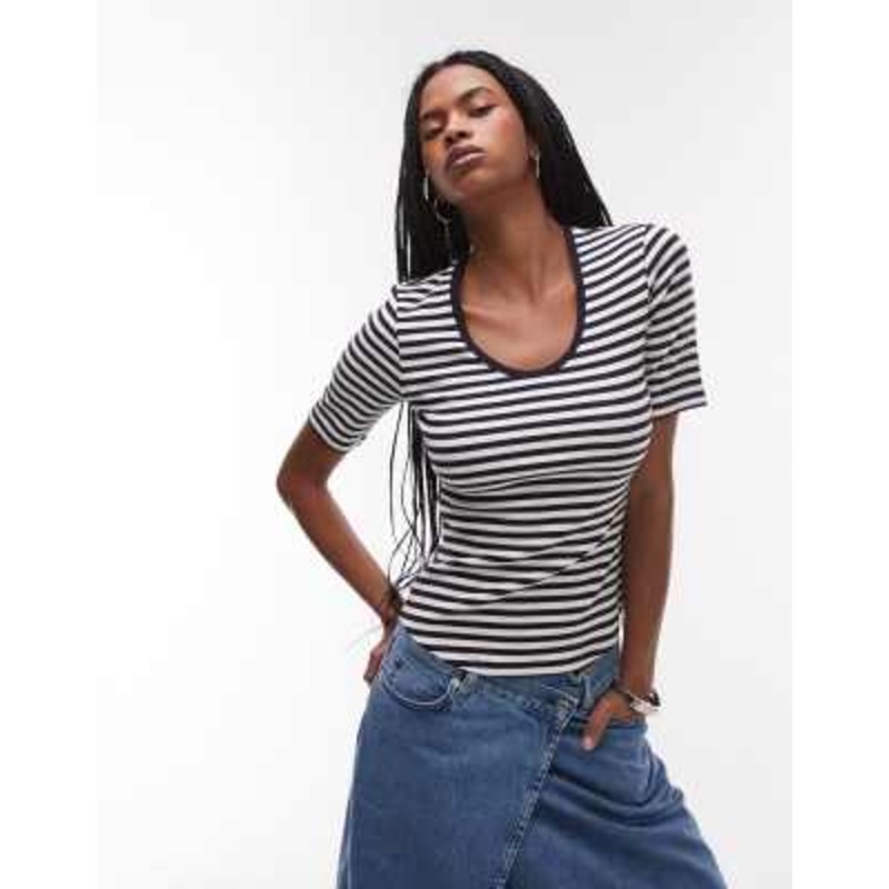 ARKET jersey ribbed t-shirt top with scoop neck in blue stripes