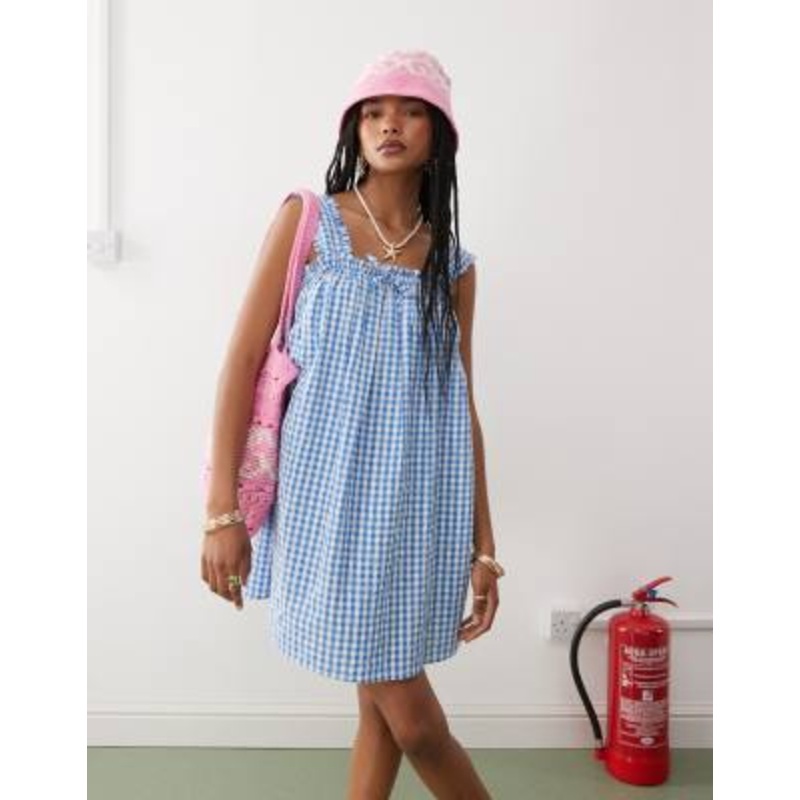 COLLUSION mini swing dress in blue and white gingham